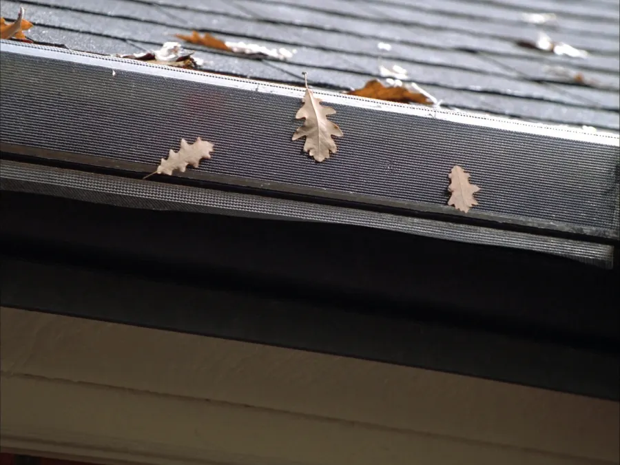 Stainless micro-mesh gutter guards installed over black seamless gutters on a Fairburn, GA roofline