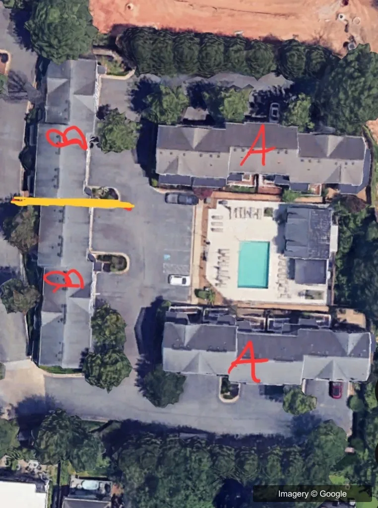 Satellite view of another part of the Atlanta, GA townhome community, with building styles A and B marked around a parking court and the pool