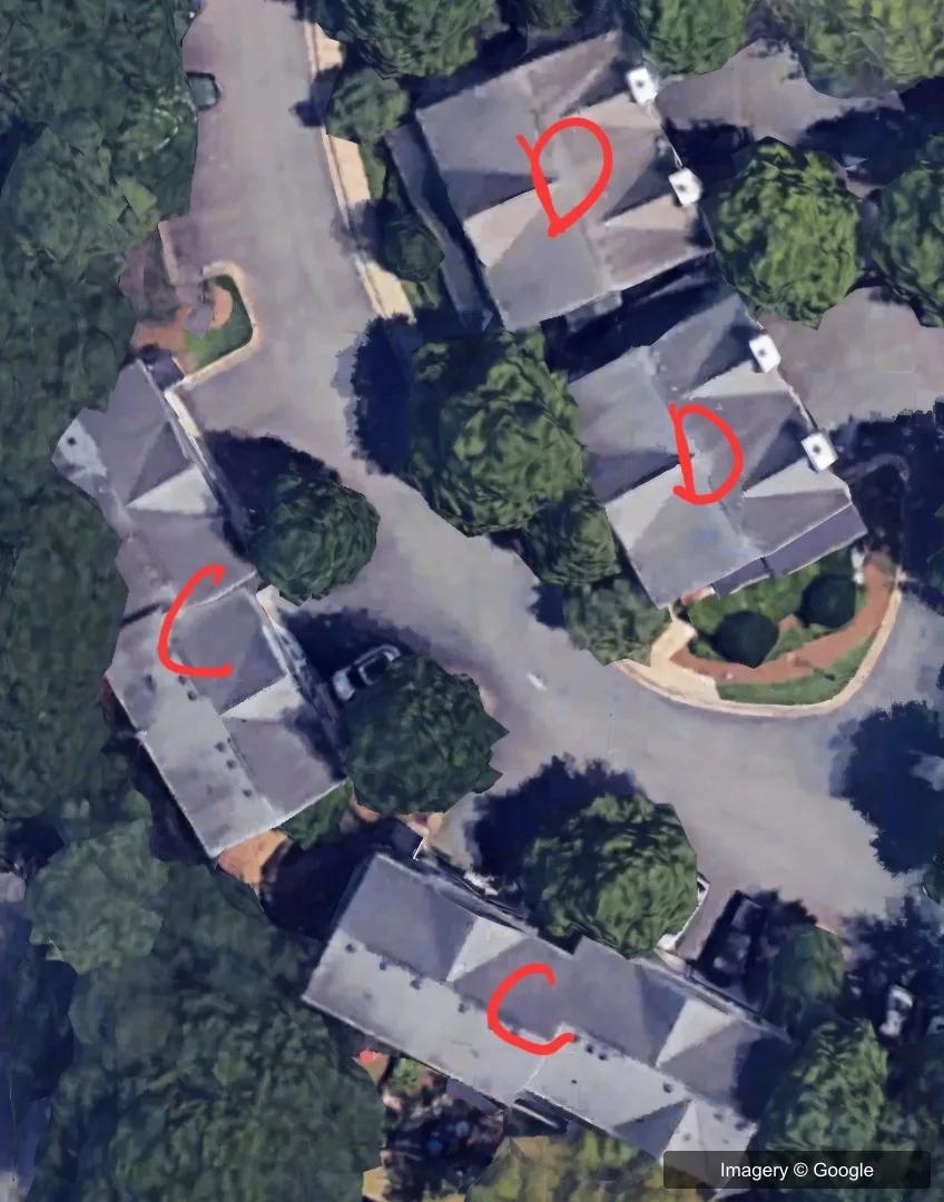Satellite view of part of the Atlanta, GA townhome community where we replaced the gutters, with building styles C and D marked around a curving drive