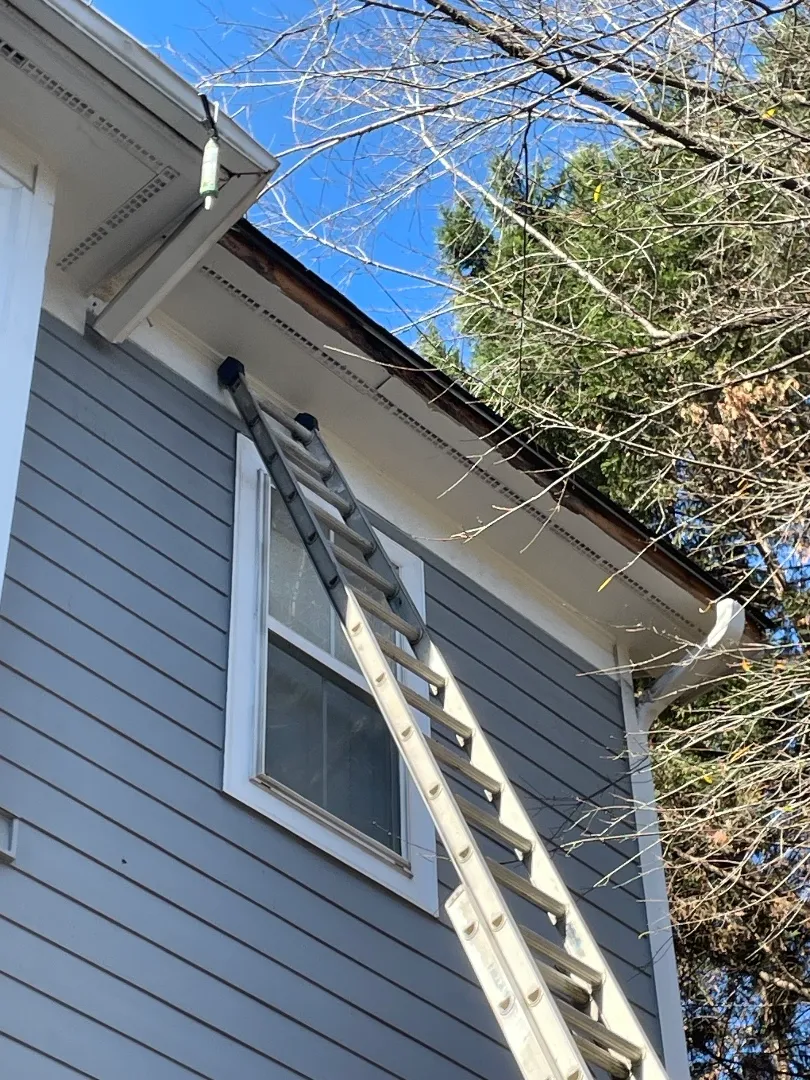 Extension ladder against the third-story eave of a gray townhome in Atlanta, GA, with bare winter trees behind