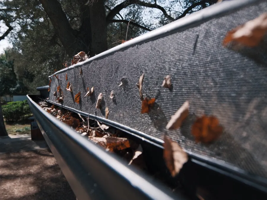 Micro-mesh gutter guards holding back oak leaves on a Lithonia, GA roofline beneath mature hardwoods
