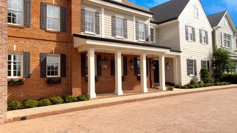Brick townhome near Smyrna Market Village with designer black seamless gutters — Smyrna, GA
